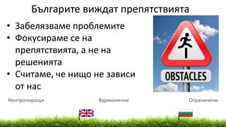 Българите виждат препятствията
• Забелязваме проблемите
• Фокусираме се на
препятствията, а не на
решенията
• Считаме, че нищо не зависи
от нас
Контролиращи Хармонични Ограничени
 
