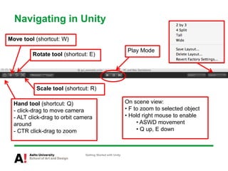 Navigating in Unity
Getting Started with Unity
Hand tool (shortcut: Q)
- click-drag to move camera
- ALT click-drag to orbit camera
around
- CTR click-drag to zoom
Move tool (shortcut: W)
Rotate tool (shortcut: E)
Scale tool (shortcut: R)
On scene view:
• F to zoom to selected object
• Hold right mouse to enable
• ASWD movement
• Q up, E down
Play Mode
 