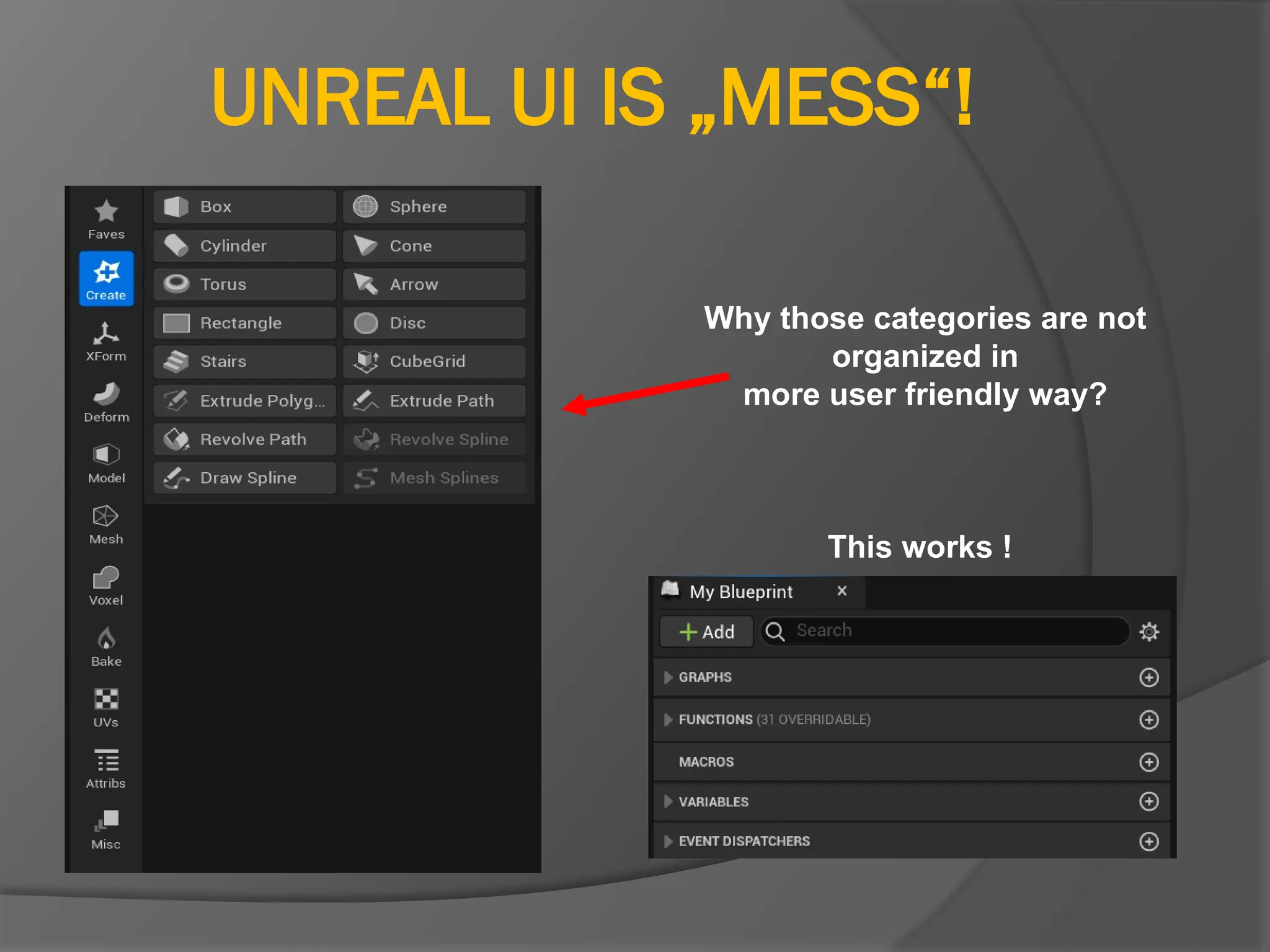 UNREAL UI IS „MESS“!
Why those categories are not
organized in
more user friendly way?
This works !
 