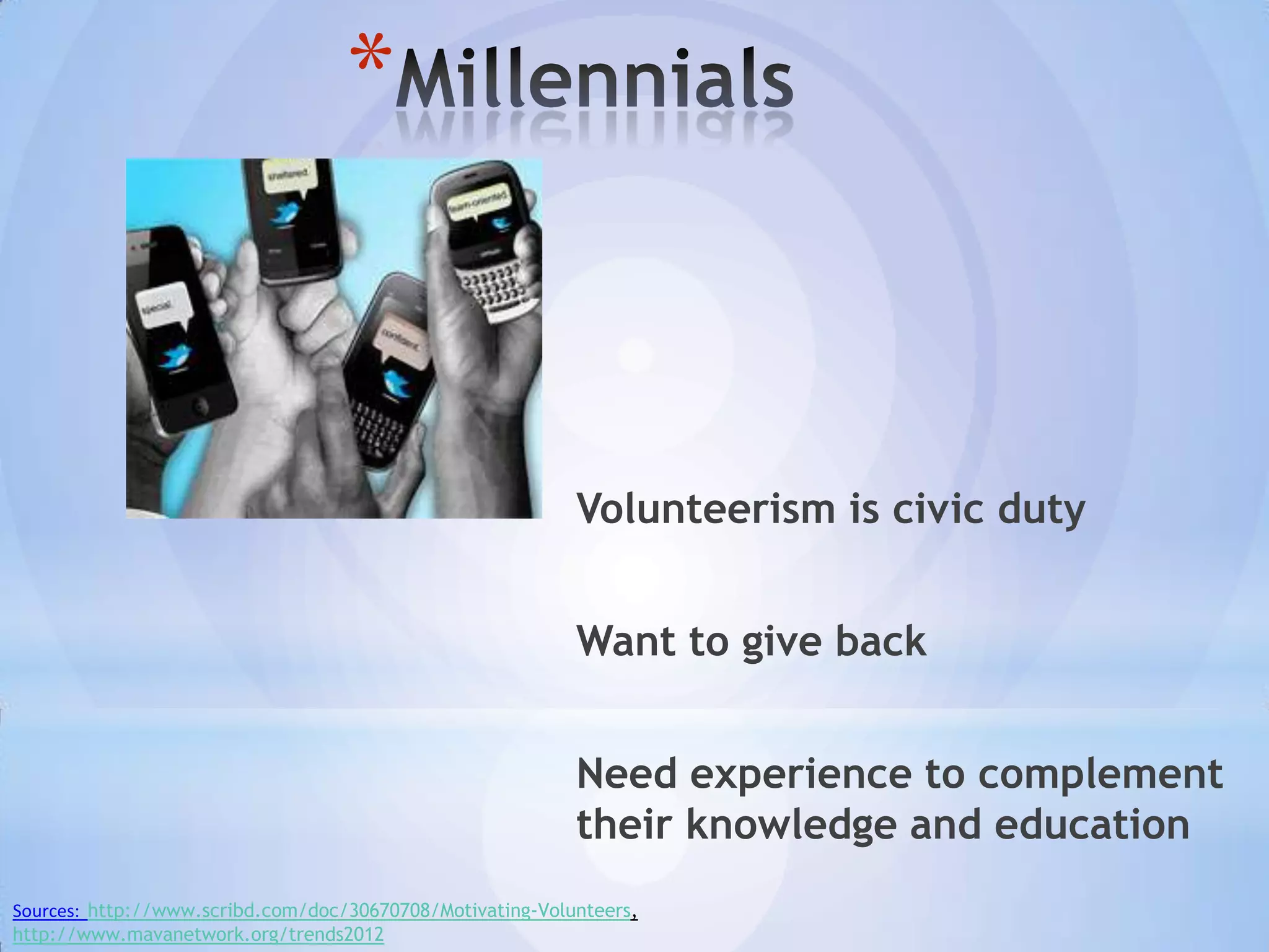 *



                                                           Volunteerism is civic duty


                                                           Want to give back


                                                           Need experience to complement
                                                           their knowledge and education
Sources: http://www.scribd.com/doc/30670708/Motivating-Volunteers,
http://www.mavanetwork.org/trends2012
 