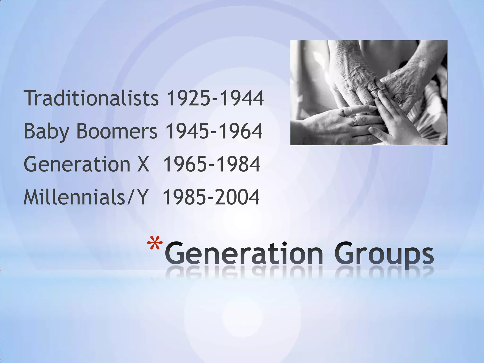 Traditionalists 1925-1944
Baby Boomers 1945-1964
Generation X 1965-1984
Millennials/Y 1985-2004

            *
 