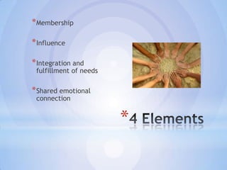 * Membership

* Influence

* Integration and
 fulfillment of needs

* Shared emotional
 connection


                        *
 