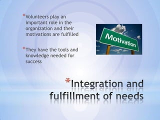 * Volunteers play an
 important role in the
 organization and their
 motivations are fulfilled


* They have the tools and
 knowledge needed for
 success



                   *
 