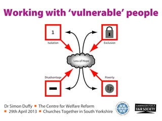 Working with ‘vulnerable’ people
Dr Simon Duffy ￭ The Centre for Welfare Reform
￭ 29th April 2013 ￭ Churches Together in South Yorkshire
 