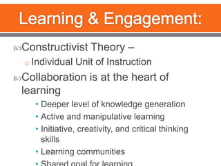 Learning & Engagement: Constructivist Theory – Individual Unit of InstructionCollaboration is at the heart of learningDeeper level of knowledge generationActive and manipulative learningInitiative, creativity, and critical thinking skillsLearning communitiesShared goal for learning