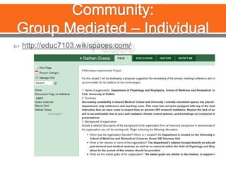 Sample Learning Community:Group Mediated – Individual Pageshttp://educ7103.wikispaces.com/