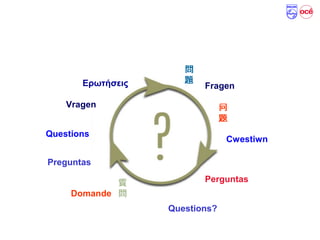 Any questions?
Vragen
Ερωτήσεις Fragen
Domande
Preguntas
Perguntas
Questions?
Cwestiwn
Questions
 