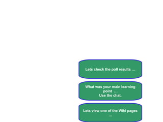 Case 1, Exercise 1: Discussion
Lets view one of the Wiki pages
…
Lets check the poll results …
What was your main learning
point …
Use the chat.
 