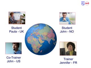Typical Virtual Classroom setup
Student
Paula - UK
Trainer
Jennifer - FR
Student
John - NO
Co-Trainer
John - US
 