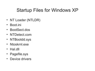 Startup Files for Windows XP
• NT Loader (NTLDR)
• Boot.ini
• BootSect.dos
• NTDetect.com
• NTBootdd.sys
• Ntoskrnl.exe
• Hal.dll
• Pagefile.sys
• Device drivers
 