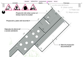 concepto diseño Post-expo SEÑALÉTICA identidad emplazamiento espacios técnico 7. La otra cara del forum  Sala de proyección documental 20’ 8. Urban cursor  Proyección del urban cursor a tiempo real en la ciudad 9. Poble now  Proyección y plano del recorrido  10. Mapa sonoro  Cápsulas de silencio v/s sonido estridente 