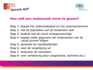 Hoe zelf een onderzoek vorm te geven?
Stap 1: bepaal het onderzoeksdoel en het zoekmechanisme
Stap 2: stel de populaties van de bestanden vast
Stap 3: bedenk wat de uitval vertegenwoordigt
Stap 4: bepaal welke gegevens het onderzoeken van de
uitval kunnen helpen
Stap 5: genereer de inputbestanden
Stap 6: voer de vergelijking uit
Stap 7: analyseer de resultaten
Stap 8: voer verbetering door (organisatie, techniek etc.)
 