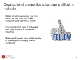 5
Organizational competitive advantage is difﬁcult to
maintain
•  Social networking enables real time
consumer reactions and ﬁckle
consumer (and workforce) loyalty
•  Innovations bring rapid ﬁre changes
with deep impacts across entire
industries
•  Business strategies must adapt quickly
to these rapidly changing market
conditions
 