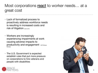 Most corporations react to worker needs… at a
great cost
•  Lack of formalized process to
proactively address workforce needs
is resulting in increased costs and
risk of litigation (Law.com)
•  Workers are increasingly
experiencing impairments at work
causing adverse impacts to
productivity and engagement (US Census
Bureau)
•  The U.S. Government is expected
establish rules that put more pressure
on corporations to hire veterans and
people with disabilities
8
 