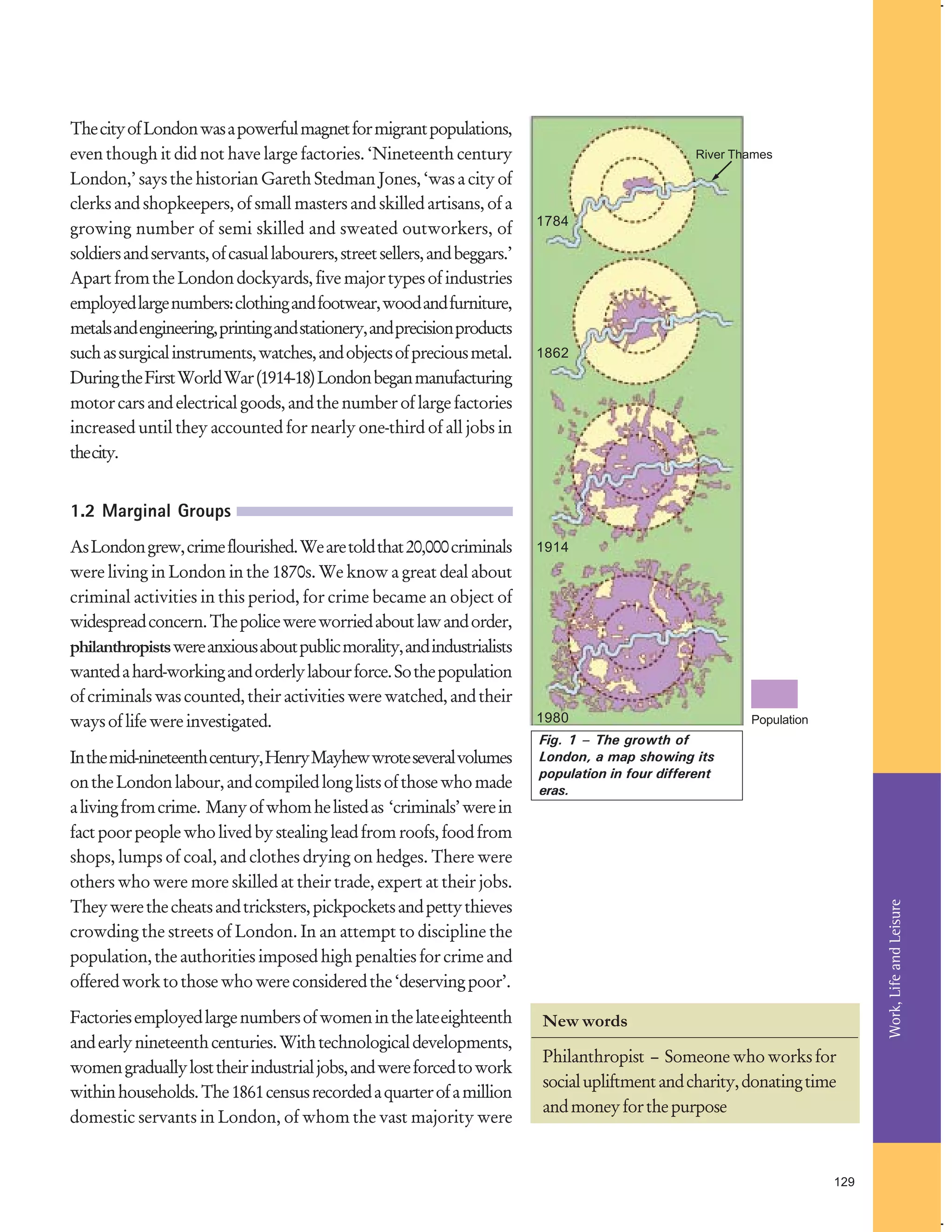 The city of London was a powerful magnet for migrant populations,
even though it did not have large factories. ‘Nineteenth century
London,’ says the historian Gareth Stedman Jones, ‘was a city of
clerks and shopkeepers, of small masters and skilled artisans, of a
growing number of semi skilled and sweated outworkers, of
soldiers and servants, of casual labourers, street sellers, and beggars.’
Apart from the London dockyards, five major types of industries
employed large numbers: clothing and footwear, wood and furniture,
metals and engineering, printing and stationery, and precision products
such as surgical instruments, watches, and objects of precious metal.
During the First World War (1914-18) London began manufacturing
motor cars and electrical goods, and the number of large factories
increased until they accounted for nearly one-third of all jobs in
the city.

River Thames

1784

1862

1.2 Marginal Groups

In the mid-nineteenth century, Henry Mayhew wrote several volumes
on the London labour, and compiled long lists of those who made
a living from crime. Many of whom he listed as ‘criminals’ were in
fact poor people who lived by stealing lead from roofs, food from
shops, lumps of coal, and clothes drying on hedges. There were
others who were more skilled at their trade, expert at their jobs.
They were the cheats and tricksters, pickpockets and petty thieves
crowding the streets of London. In an attempt to discipline the
population, the authorities imposed high penalties for crime and
offered work to those who were considered the ‘deserving poor’.
Factories employed large numbers of women in the late eighteenth
and early nineteenth centuries. With technological developments,
women gradually lost their industrial jobs, and were forced to work
within households. The 1861 census recorded a quarter of a million
domestic servants in London, of whom the vast majority were

1914

1980

Population

Fig. 1 – The growth of
London, a map showing its
population in four different
eras.

Work, Life and Leisure

As London grew, crime flourished. We are told that 20,000 criminals
were living in London in the 1870s. We know a great deal about
criminal activities in this period, for crime became an object of
widespread concern. The police were worried about law and order,
philanthropists were anxious about public morality, and industrialists
wanted a hard-working and orderly labour force. So the population
of criminals was counted, their activities were watched, and their
ways of life were investigated.

New words
Philanthropist – Someone who works for
social upliftment and charity, donating time
and money for the purpose

129

 