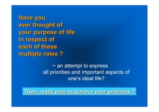 Have you
ever thought of
your purpose of life
in respect of
each of these
multiple roles ?
             ~ an attempt to express
        all priorities and important aspects of
                     one’s ideal life?

 Then, really plan to achieve your priorities ?
 