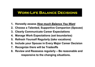 Work-
      Work-Life Balance Decisions


1.   Honestly assess How much Balance You Want
2.   Choose a Talented, Supportive Companion (Spouse)
3.   Clearly Communicate Career Expectations
4.   Manage Work Expectations (set boundaries)
5.   Refresh Yourself Regularly (take vacations)
6.   Include your Spouse in Every Major Career Decision
7.   Recognize there will be Tradeoffs
8.   Review and Reassess regularly – Be reasonable and
          responsive to the changing situations.
 