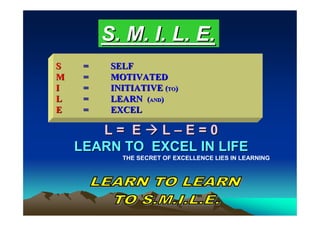 S. M. I. L. E.
S    =    SELF
M    =    MOTIVATED
I    =    INITIATIVE (TO)
L    =    LEARN (AND)
E    =    EXCEL

       L= E   L–E=0
    LEARN TO EXCEL IN LIFE
            THE SECRET OF EXCELLENCE LIES IN LEARNING
 