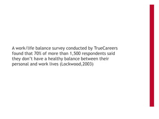 A work/life balance survey conducted by TrueCareers
found that 70% of more than 1,500 respondents said
they don’t have a healthy balance between their
personal and work lives (Lockwood,2003)
 