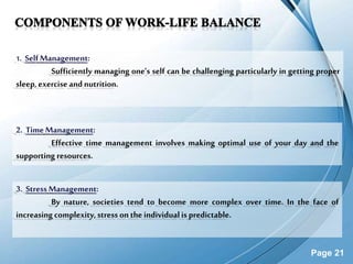 Page 21
1. SelfManagement:
Sufficiently managing one’s self can be challenging particularly in getting proper
sleep, exercise and nutrition.
3. Stress Management:
By nature, societies tend to become more complex over time. In the face of
increasing complexity,stress on the individualis predictable.
2. Time Management:
Effective time management involves making optimal use of your day and the
supporting resources.
 