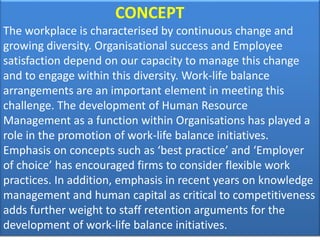 CONCEPT
The workplace is characterised by continuous change and
growing diversity. Organisational success and Employee
satisfaction depend on our capacity to manage this change
and to engage within this diversity. Work-life balance
arrangements are an important element in meeting this
challenge. The development of Human Resource
Management as a function within Organisations has played a
role in the promotion of work-life balance initiatives.
Emphasis on concepts such as ‘best practice’ and ‘Employer
of choice’ has encouraged firms to consider flexible work
practices. In addition, emphasis in recent years on knowledge
management and human capital as critical to competitiveness
adds further weight to staff retention arguments for the
development of work-life balance initiatives.
 