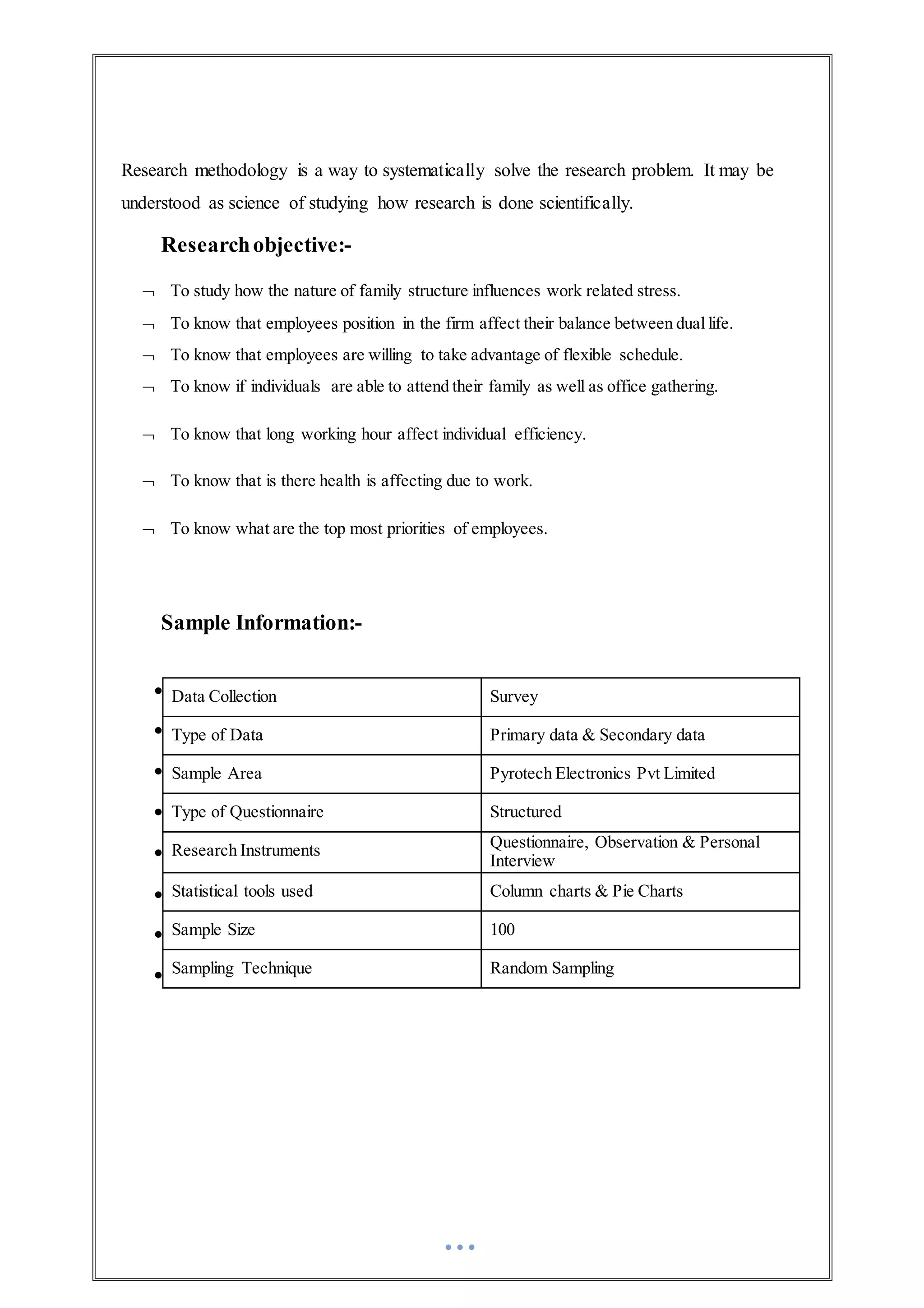 Research methodology is a way to systematically solve the research problem. It may be
understood as science of studying how research is done scientifically.
Researchobjective:-
 To study how the nature of family structure influences work related stress.
 To know that employees position in the firm affect their balance between dual life.
 To know that employees are willing to take advantage of flexible schedule.
 To know if individuals are able to attend their family as well as office gathering.
 To know that long working hour affect individual efficiency.
 To know that is there health is affecting due to work.
 To know what are the top most priorities of employees.
Sample Information:-









Data Collection Survey
Type of Data Primary data & Secondary data
Sample Area Pyrotech Electronics Pvt Limited
Type of Questionnaire Structured
Research Instruments Questionnaire, Observation & Personal
Interview
Statistical tools used Column charts & Pie Charts
Sample Size 100
Sampling Technique Random Sampling
 