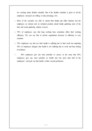 are working under flexible schedule. But if the flexible schedule is given to all the
employees surveyed are willing to take advantage of it.
 Most of the executive are able to attend their family and office function, but the
employees on clerical and on technical position attend family gathering most of the
time and social gathering seldom or never.
 70% of employees says that long working hour sometimes effect their working
efficiency. We can say that in private organization decrease in efficiency is very
common.
 70% employees say that yes their health is suffering due to their work but surprising
30% of employees disagree that health is not suffering due to work and they belong
to technical.
 40% employees give top most priorities to career, at the same time 40%
employees give top most priorities to health also but more than half of the
employees’ surveyed say that family is their second preference.
 