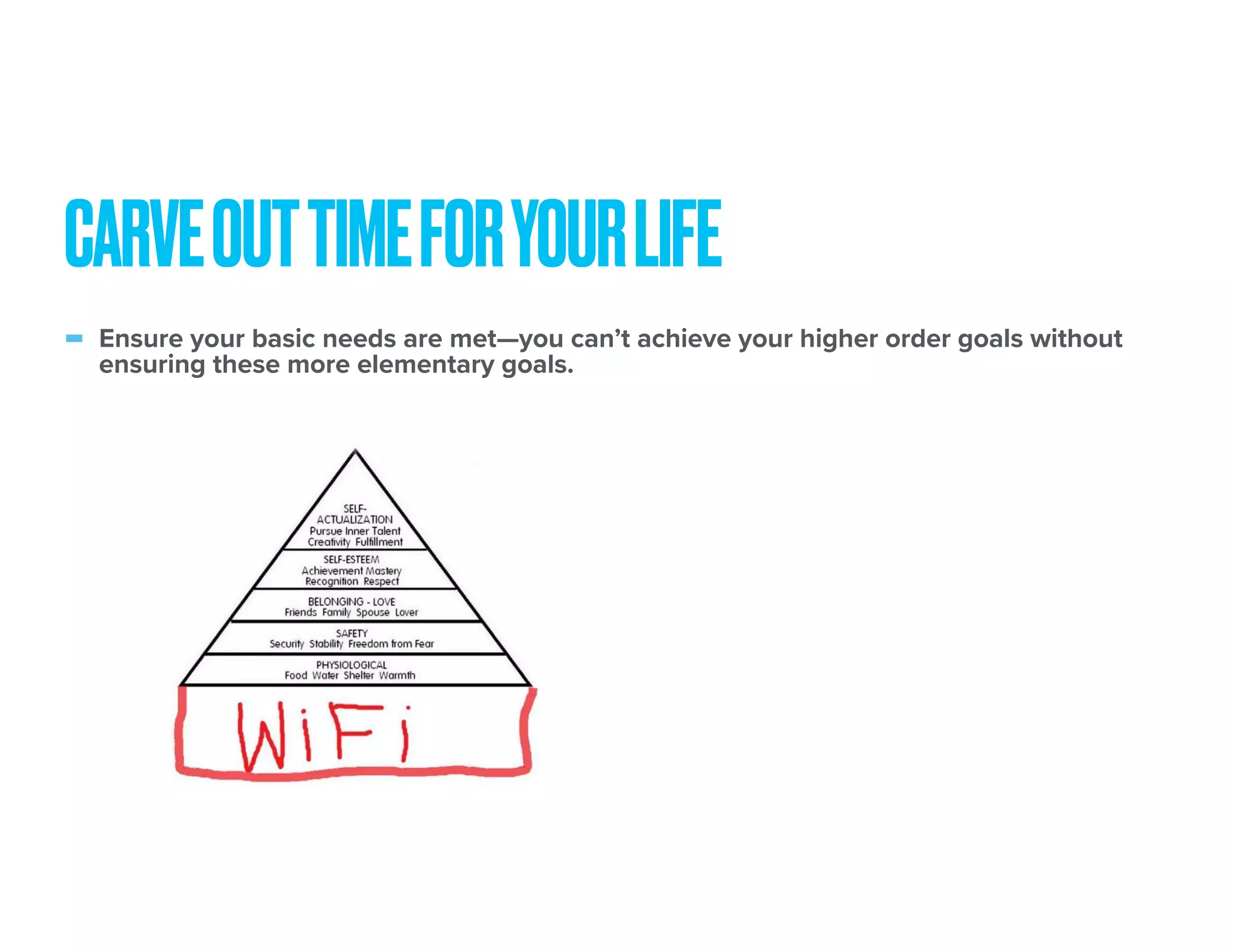 - Ensure your basic needs are met—you can’t achieve your higher order goals without
ensuring these more elementary goals.
CARVEOUTTIMEFORYOURLIFE
 