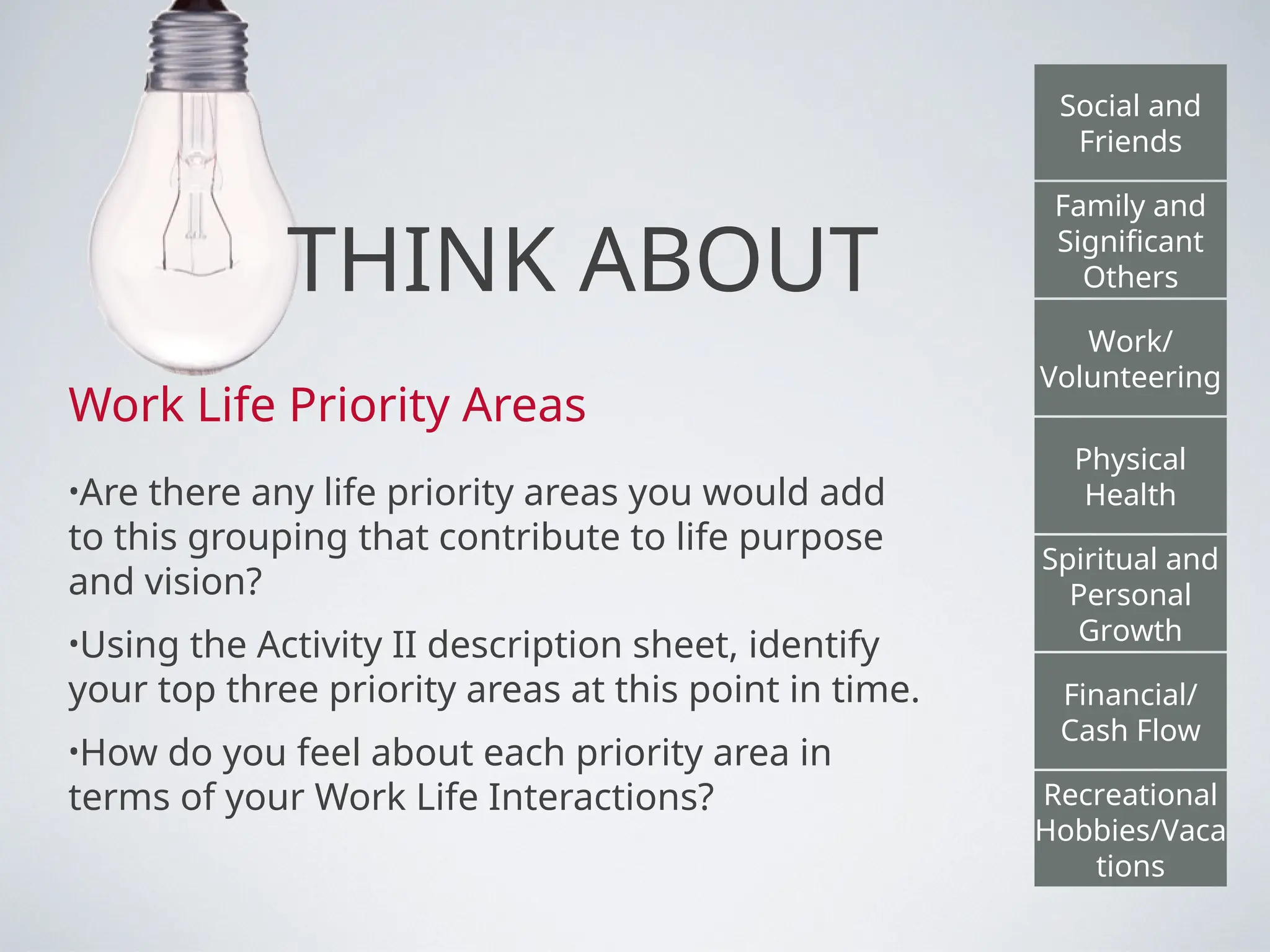 THINK ABOUT
Work Life Priority Areas
•Are there any life priority areas you would add
to this grouping that contribute to life purpose
and vision?
•Using the Activity II description sheet, identify
your top three priority areas at this point in time.
•How do you feel about each priority area in
terms of your Work Life Interactions?
Social and
Friends
Family and
Significant
Others
Work/
Volunteering
Physical
Health
Recreational
Hobbies/Vaca
tions
Financial/
Cash Flow
Spiritual and
Personal
Growth
 