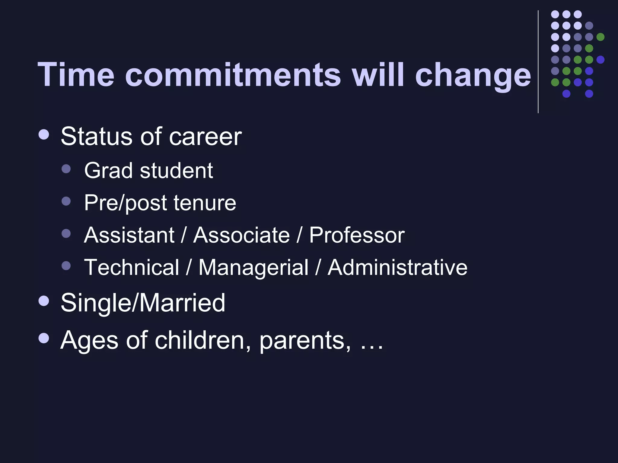 Time commitments will change Status of career Grad student Pre/post tenure Assistant / Associate / Professor Technical / Managerial / Administrative Single/Married Ages of children, parents, … 