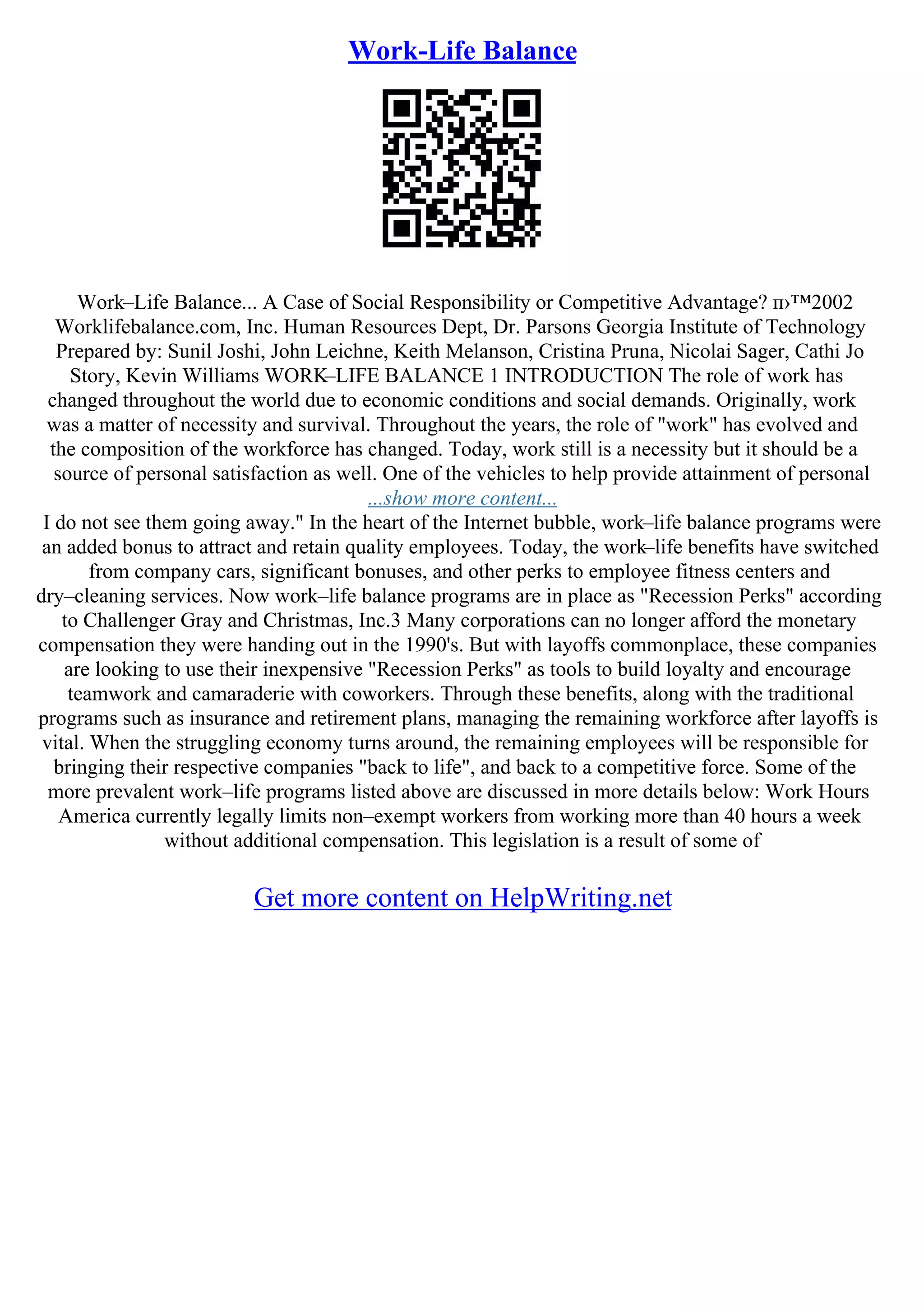 Work Life Balance Essay | PDF