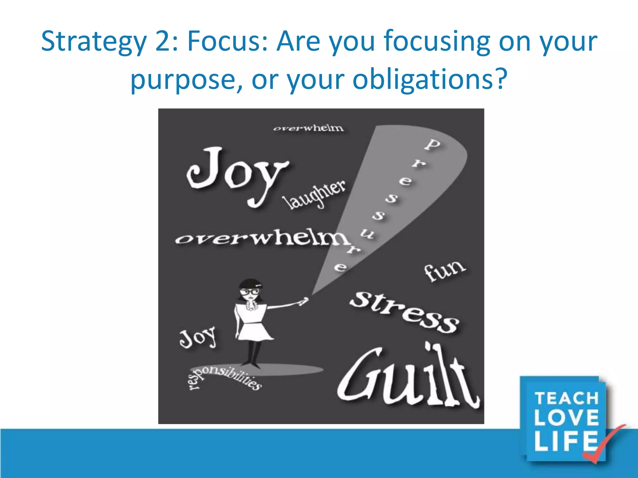 Strategy 2: Focus: Are you focusing on your
purpose, or your obligations?
 