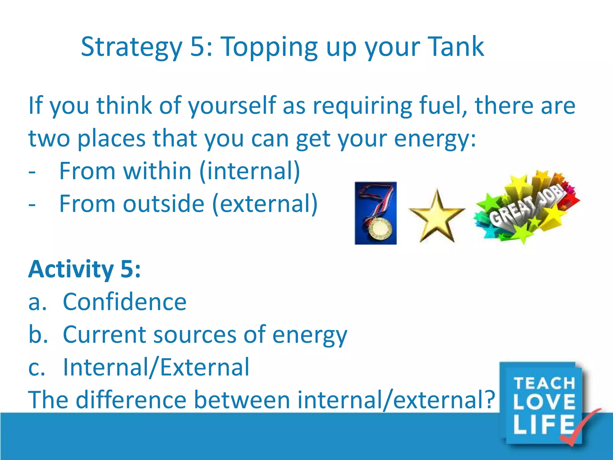 Strategy 5: Topping up your Tank
If you think of yourself as requiring fuel, there are
two places that you can get your energy:
- From within (internal)
- From outside (external)
Activity 5:
a. Confidence
b. Current sources of energy
c. Internal/External
The difference between internal/external?
 