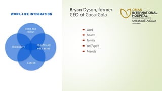 Bryan Dyson, former
CEO of Coca-Cola
 work
 health
 family
 self/spirit
 friends
 