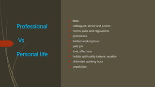 Professional
Vs
Personal life
 boss
 colleagues, senior and juniors
 norms, rules and regulations
 procedures
 limited working hour
 paid job
 love, affections
 hobby, spirituality Leisure, vacation
 Unlimited working hour
 unpaid job
 