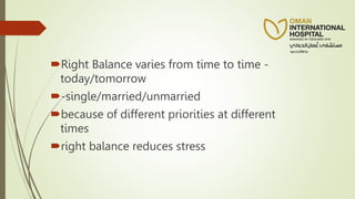 Right Balance varies from time to time -
today/tomorrow
-single/married/unmarried
because of different priorities at different
times
right balance reduces stress
 
