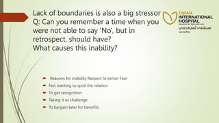 Lack of boundaries is also a big stressor
Q: Can you remember a time when you
were not able to say 'No', but in
retrospect, should have?
What causes this inability?
 Reasons for inability Respect to senior Fear
 Not wanting to spoil the relation
 To get recognition
 Taking it as challenge
 To bargain later for benefits
 