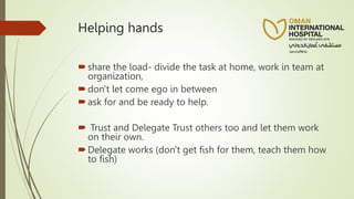 Helping hands
share the load- divide the task at home, work in team at
organization,
don't let come ego in between
ask for and be ready to help.
 Trust and Delegate Trust others too and let them work
on their own.
Delegate works (don't get fish for them, teach them how
to fish)
 