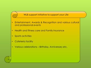 WLB support initiative to support your Life

Assistance from Organization
• Entertainment, Awards & Recognition and various cultural
  and professional events

• Health and fitness care and Family Insurance

• Sports activities

• Cafeteria facility

• Various celebrations – Birthday, Anniversary etc.
 