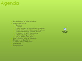 Agenda


      Pre estimation of time utilization
      Work Life Balance
          Opinions
          Scenarios
          Effects of Work Life Imbalance on Employer
          Effects of Work Life Imbalance on Employee
          Factors which brings better Human life
          Dimensions for Work Life Balance
          Initiatives by Organization/s
          Tips for How to Stress less ?
      Post estimation of time utilization
      Discussion or Questions
      A video – Musical Fountain
      Conclusion
      Thanks giving
 