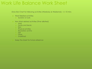 Work Life Balance Work Sheet
    Draw Bar Chart for following activities (Weekday & Weekends) – 5 -10 mins

       Work Related activities
           Duration of work

       Non Work related activities (Time allotted)
           Work
           Family and friends
           Rest
           Physical activities
           Recreation activity
           Self
           Other
           Undefined

       Keep the sheet for future reference
 