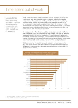 Time spent out of work
Long distance                               Finally, commuting time is widely regarded by workers as a limbo of wasted time
                                            that is neither work nor private life. By helping workers reduce this grey area
commutes put                                companies can show employees that they value their time and their well-being
so much pressure                            as stress caused by traffic and overcrowded public transport can affect both
                                            performance and overall health. Long commutes of over 45 minutes are in fact
on families that                            associated with poor sleep quality, exhaustion, and low general health - it has even
commuters are                               been found that long distance commutes put so much pressure on families that
40% more likely                             commuters are 40% more likely to separate!16
to separate!                                On average over two fifths of workers feel that companies have made an effort to
                                            reduce employee commutes in the past two years, a figure that, although promising,
                                            could easily be improved with the introduction of more flexible working practices.
                                            Interestingly, more workers in emerging economies feel that companies have made
                                            an effort to reduce commute times confirming previous Regus research that emerging
                                            economies have made flexible working a key part of their development plans.17

                                            BRIC economies top the chart for commute reduction, but businesses in the
                                            USA and Canada are also more likely to have made improvements than average.
                                            Companies in France, Germany and Japan are the least likely to have made any
                                            improvements since 2010.


                                               Do you feel companies are doing more to reduce the time
                                               their employees spend commuting compared to 2010?


                                                       Brazil
                                                        India
                                                       China
                                                     Mexico
                                                Netherlands
                                                        USA
                                                     Canada
                                             Global Average
                                                     S.Africa
                                                          UK
                                                    Belgium
                                                    Australia
                                                      Japan
                                                   Germany
                                                      France

                                                                0           10          20        30       40       50        60




16	
      The Washington Post, Long distance commute stresses family life, 31st May 2011
17	
      Regus, Flexibility drives productivity, February 2012




                                                                                 Regus Work-Life Balance Index | May 2012 | Page 15
 