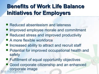 Benefits of Work Life BalanceBenefits of Work Life Balance
Initiatives for EmployersInitiatives for Employers
 Reduced absenteeism and lateness
 Improved employee morale and commitment
 Reduced stress and improved productivity
 A more flexible workforce
 Increased ability to attract and recruit staff
 Potential for improved occupational health and
safety
 Fulfillment of equal opportunity objectives
 Good corporate citizenship and an enhanced
corporate image
 
