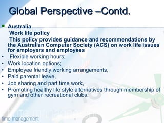Global Perspective –Contd.Global Perspective –Contd.
 Australia
Work life policy
This policy provides guidance and recommendations by
the Australian Computer Society (ACS) on work life issues
for employers and employees
• Flexible working hours;
• Work location options;
• Employee friendly working arrangements,
• Paid parental leave,
• Job sharing and part time work,
• Promoting healthy life style alternatives through membership of
gym and other recreational clubs.
 