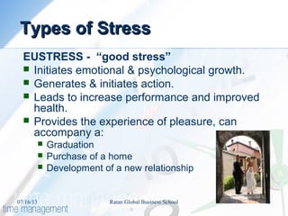 Types of StressTypes of Stress
EUSTRESS - “good stress”
 Initiates emotional & psychological growth.
 Generates & initiates action.
 Leads to increase performance and improved
health.
 Provides the experience of pleasure, can
accompany a:
 Graduation
 Purchase of a home
 Development of a new relationship
07/16/13 43Ratan Global Business School
 
