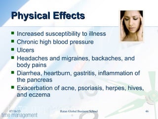 Physical EffectsPhysical Effects
 Increased susceptibility to illness
 Chronic high blood pressure
 Ulcers
 Headaches and migraines, backaches, and
body pains
 Diarrhea, heartburn, gastritis, inflammation of
the pancreas
 Exacerbation of acne, psoriasis, herpes, hives,
and eczema
07/16/13 46Ratan Global Business School
 