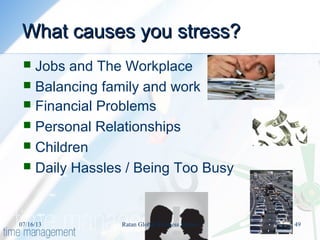 What causes you stress?What causes you stress?
 Jobs and The Workplace
 Balancing family and work
 Financial Problems
 Personal Relationships
 Children
 Daily Hassles / Being Too Busy
07/16/13 49Ratan Global Business School
 