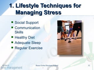 1. Lifestyle Techniques for1. Lifestyle Techniques for
Managing StressManaging Stress
 Social Support
 Communication
Skills
 Healthy Diet
 Adequate Sleep
 Regular Exercise
07/16/13 52Ratan Global Business School
 