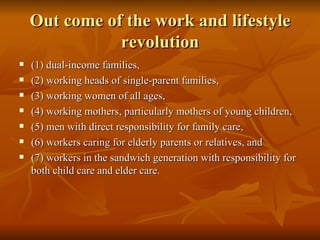 Out come of the work and lifestyle revolution (1) dual-income families,  (2) working heads of single-parent families, (3) working women of all ages, (4) working mothers, particularly mothers of young children,  (5) men with direct responsibility for family care,  (6) workers caring for elderly parents or relatives, and (7) workers in the sandwich generation with responsibility for both child care and elder care.  