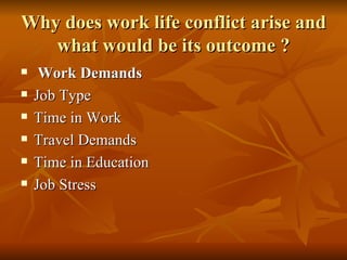 Why does work life conflict arise and what would be its outcome ? Work Demands Job Type Time in Work Travel Demands Time in Education Job Stress 